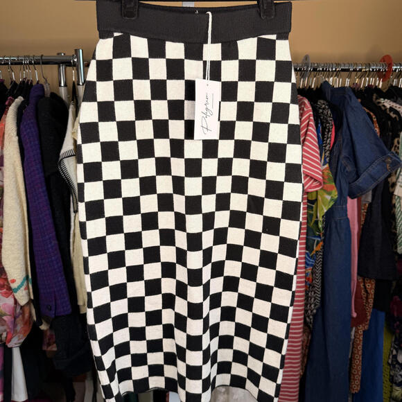 Polagram Dresses & Skirts - #9 POLAGRAM | Checkered Midi Pencil Skirt Black & White (Stretchy) NWT